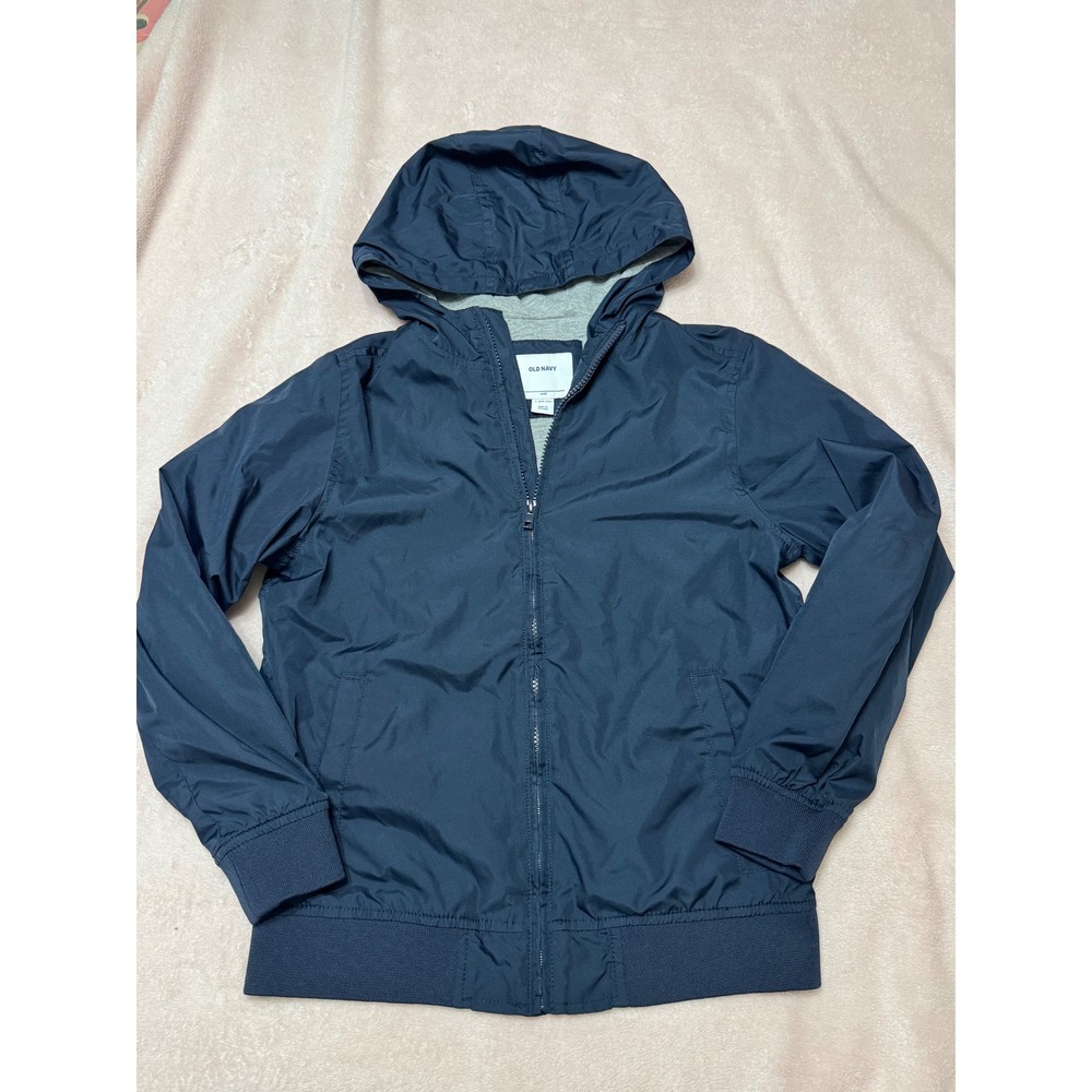 Old Navy Boys Navy Blue Hooded Windbreaker Jacket Jersey Lined Size L 10-12